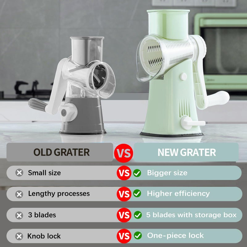 VEKAYA Rotary Cheese Grater, 5 in 1 Cheese Grater with Handle, Replaceable Stainless Blades Cheese Shredder, Cheese Vegetable Slicer, Easy to Clean Kitchen Gadgets with Storage Box - Image 3